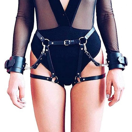 Nellie Handcuffs Thigh Butt Strap Leather Body Harness