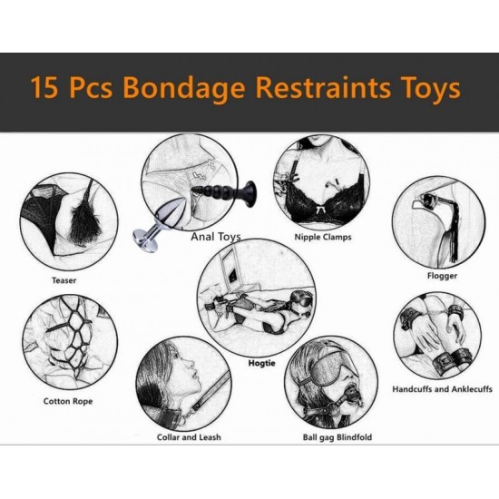 15 Pcs BDSM Sex Toys Bondage Restraints Kits Fetish Bed Restraints BDSM Tools for Beginners