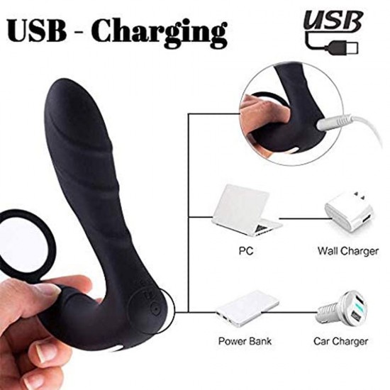 Male Prostate Massager Vibrator With Penis Ring P-Spot Anal Plug Rechargeable 10 Vibrating Mode India Anal Play