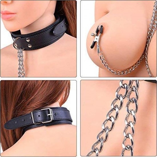 Nipple Clamps Neck Collar with Metal Chain BDSM Sex Toys