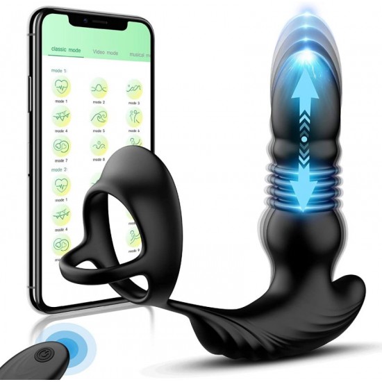 App & Remote Control Anal Vibrator with Cock Ring 9 Thrusting & Vibrating Modes