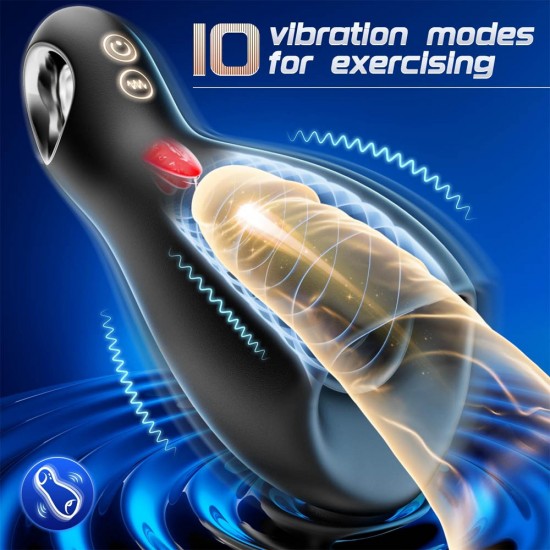 10 Vibrating & 5 Tongue Licking Male Masturbator Penis Trainer Pump with Loop-Handle for Training & Prolong Endurance
