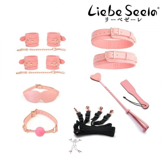 Premium Pink Matching Leather Bondage Set 8 Pieces -BDSM Hand Ankle Cuffs Thigh Cuffs Blindfolder Gag paddle riding crop mattress restraints