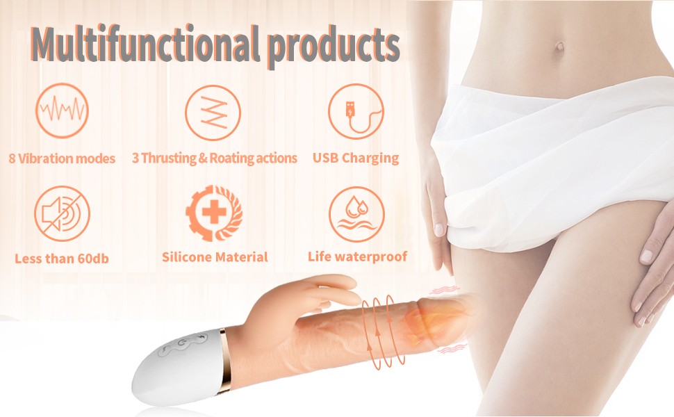 Realistic Rabbit Vibrating Dildo G Spot Clitoral Thrusting Dildo Rechargeable Heating 3 Thrusting Rotating & 8 Vibration Modes for Clitoris Vagina Stimulation